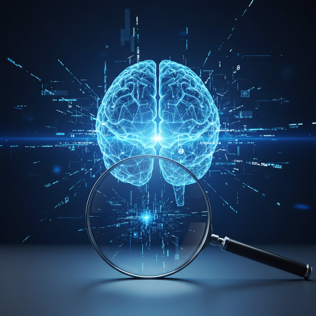 AI search reputation management, digital screen with data fragments and magnifying glass