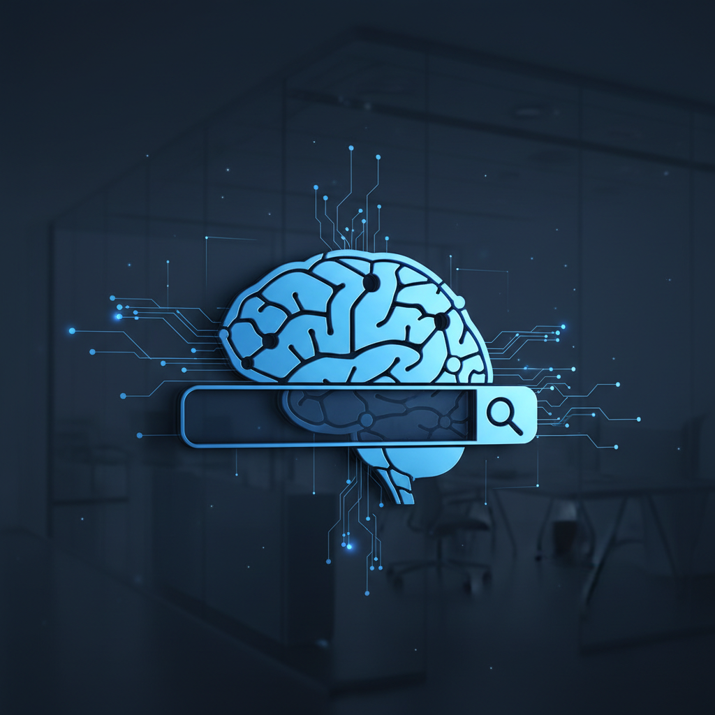 Abstract representation of AI search reputation management for businesses with glowing data