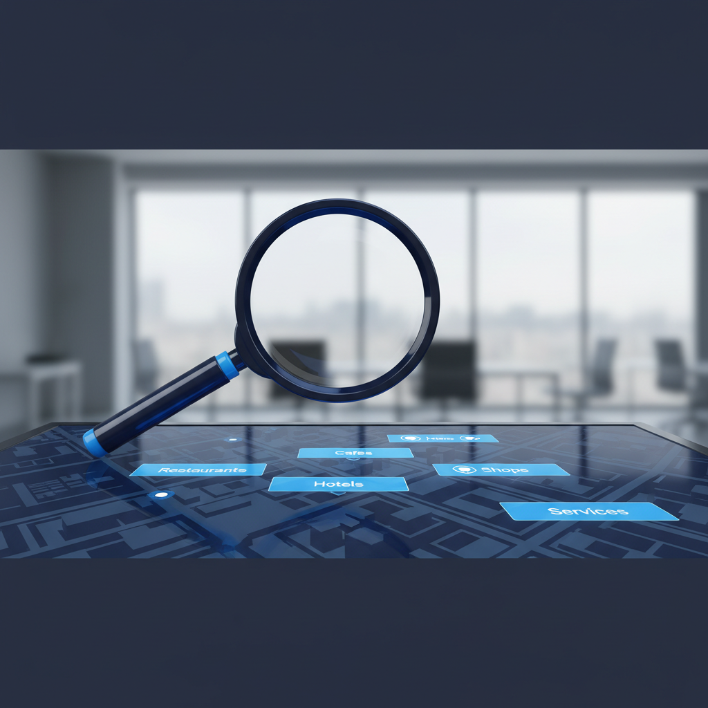 Close up of a magnifying glass on a digital map, highlighting a Google Business Profile category