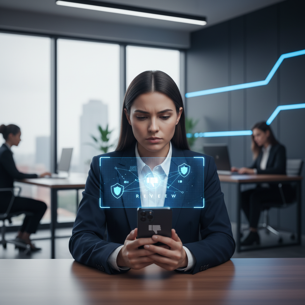 Woman checking a bad Google review on her phone, with a digital shield graphic over it