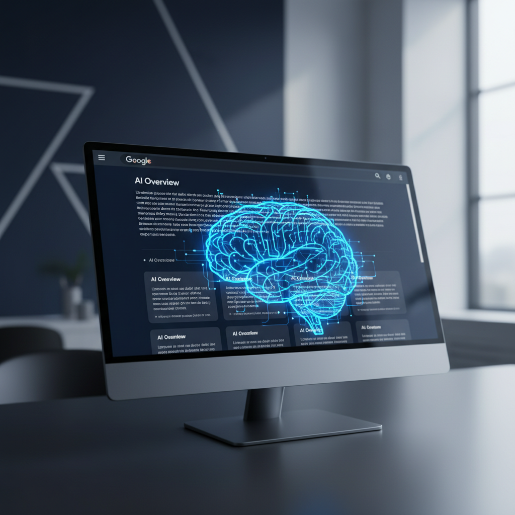 Stylized AI brain on Google search page with AI Overviews for brand reputation management