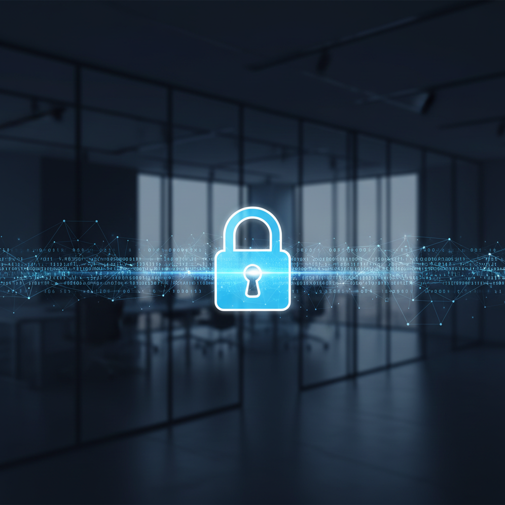 Glowing padlock protecting digital data, symbolizing copyright protection and content security for online reputation.
