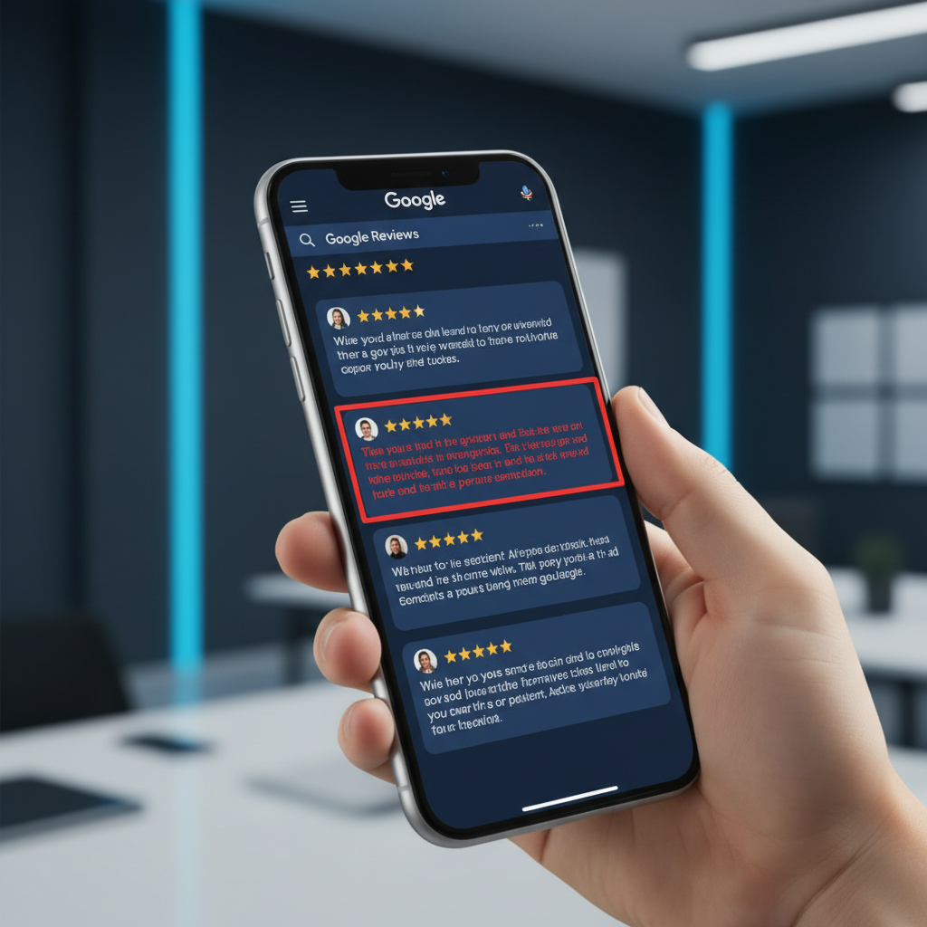 Smartphone screen showing fake Google Business reviews negatively impacting local SEO rankings
