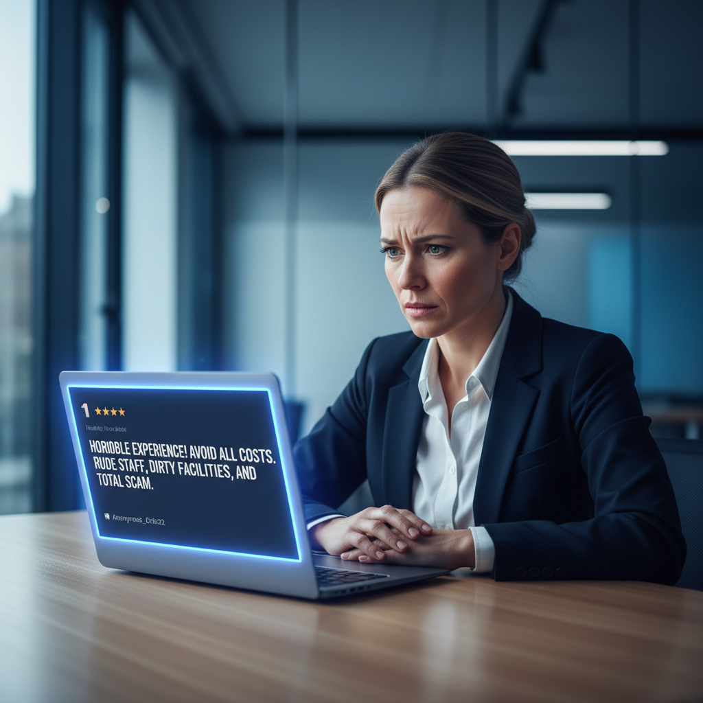 Woman looking at fake Google review on laptop screen in 2026