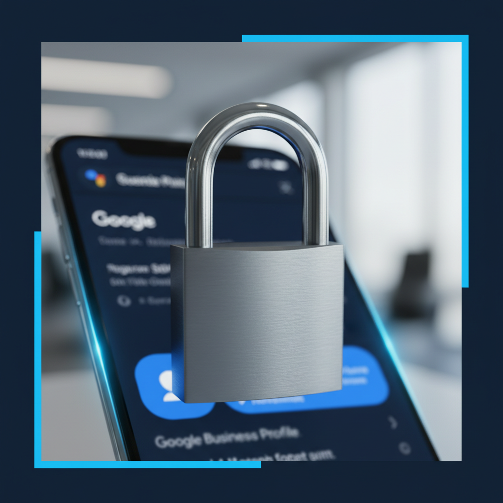 Secure padlock over a phone showing a Google Business Profile, representing GBP hijacking prevention.