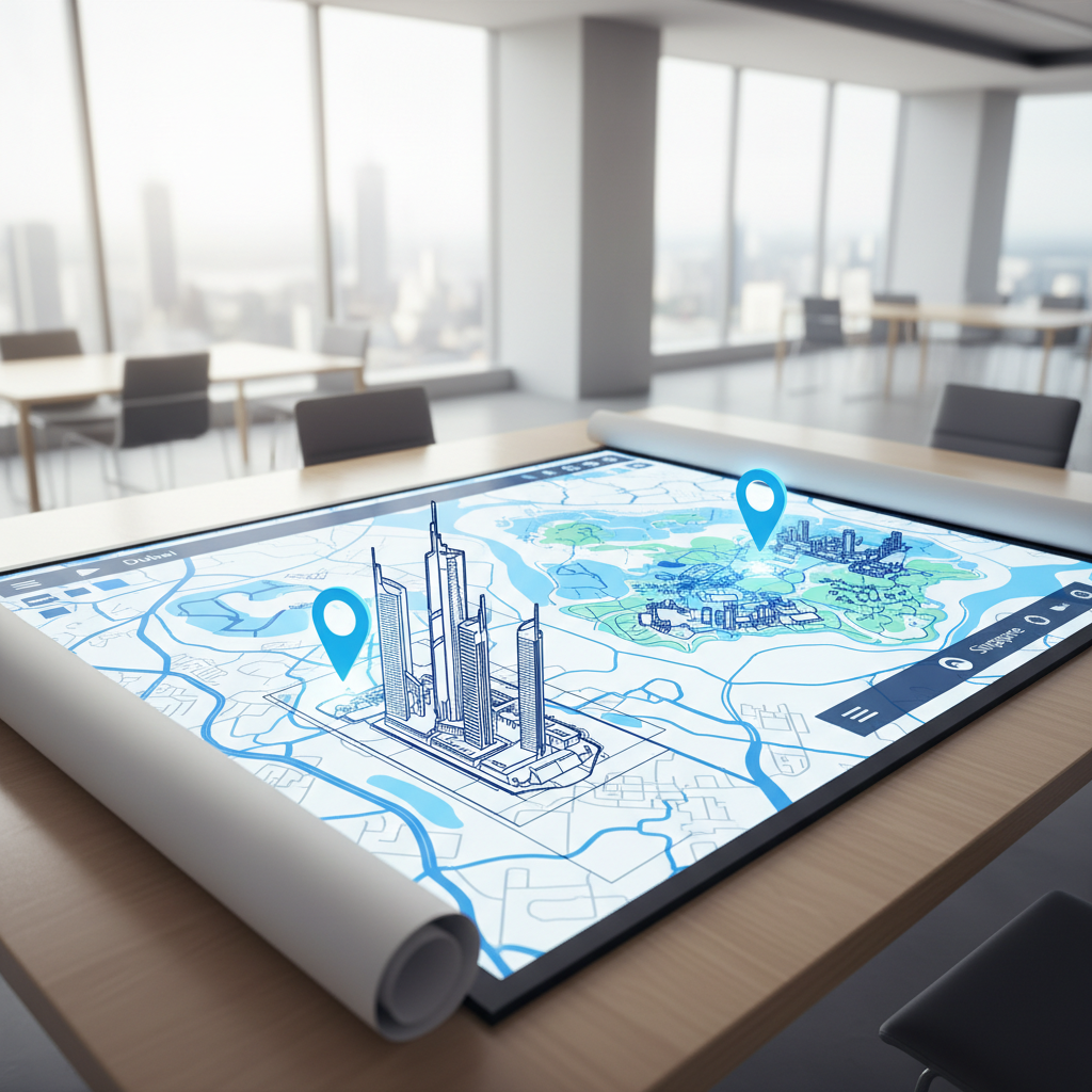 Architectural plans with Google Maps overlay, illustrating local SEO for architects