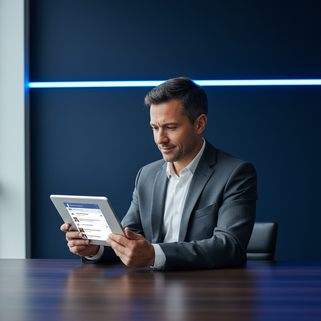 Business owner managing negative Facebook reviews on a tablet in a professional setting