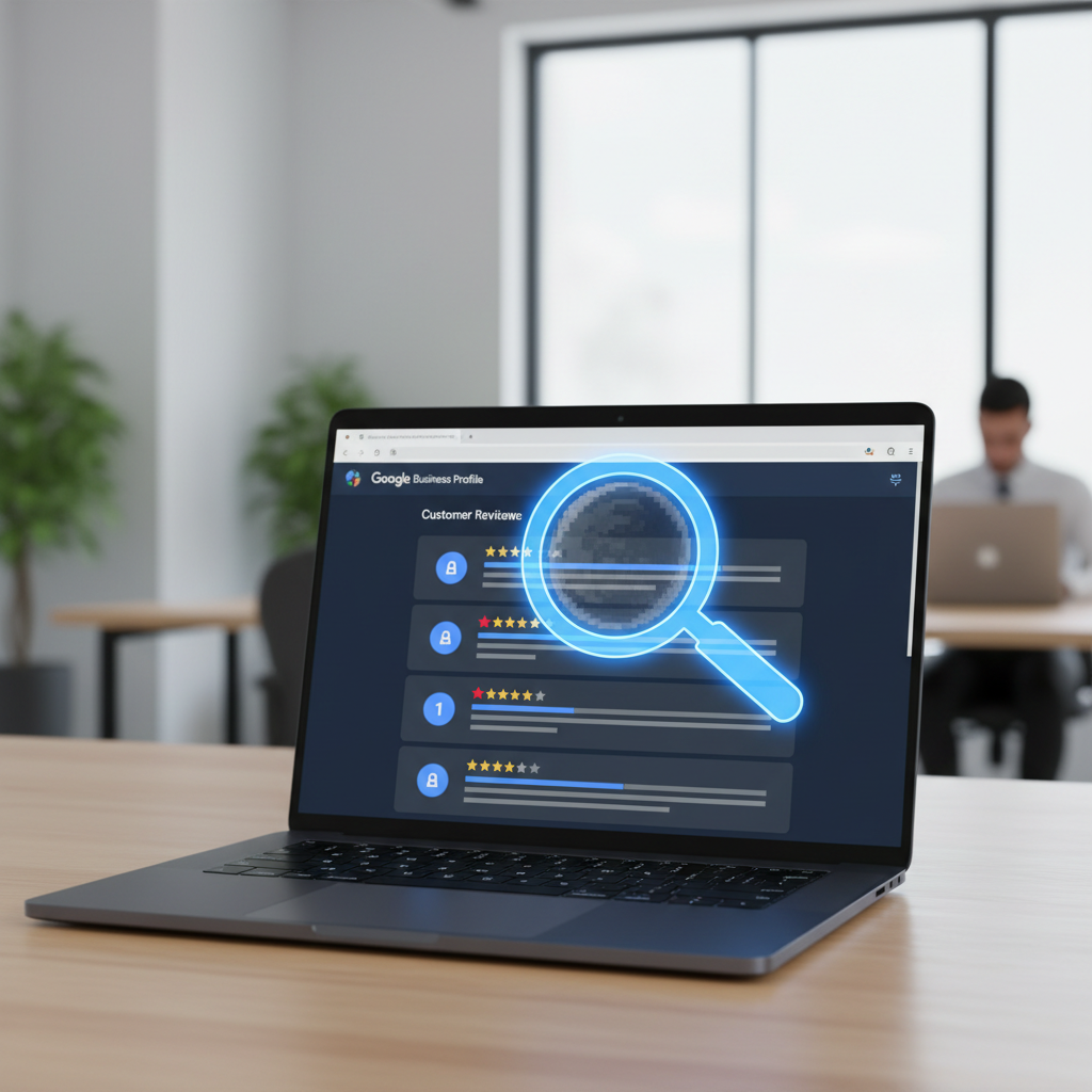 Woman looking at laptop with negative Google Business Profile review icon.