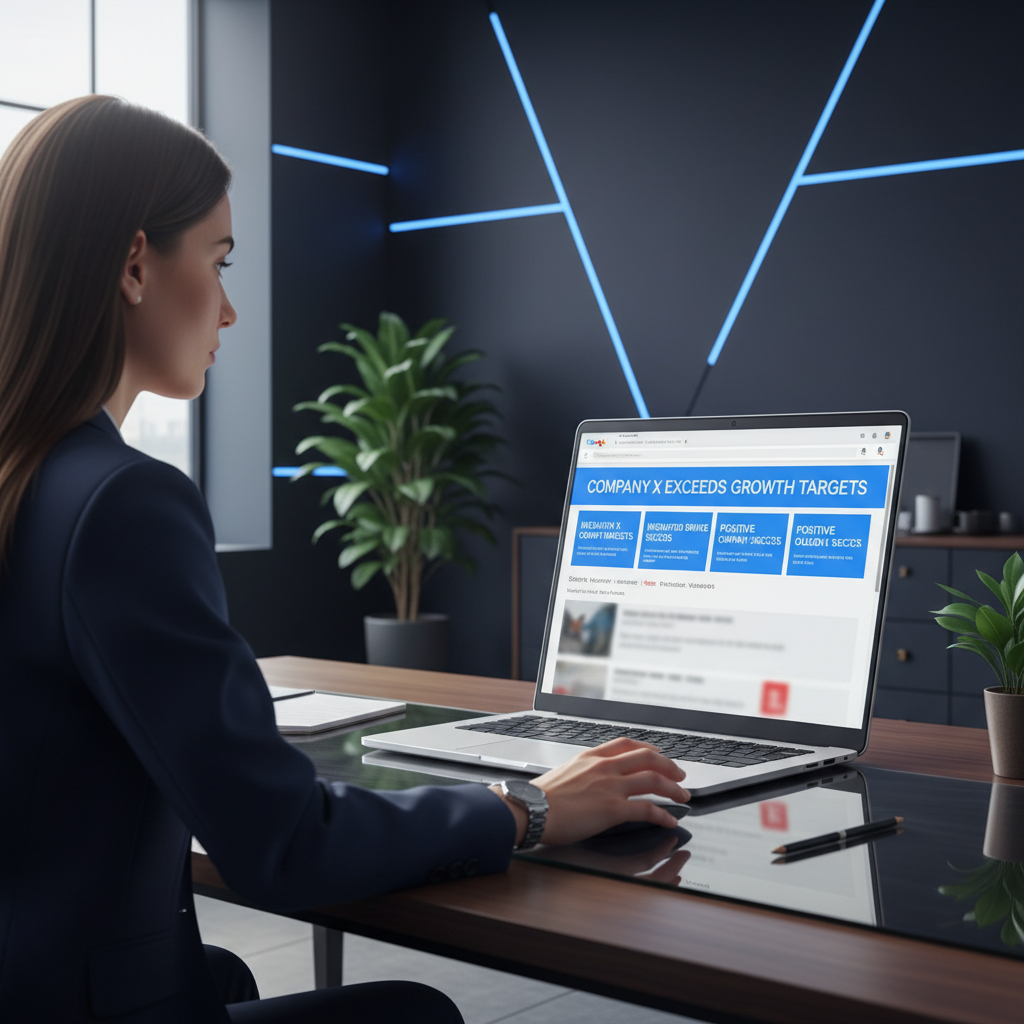 Professional successfully suppressing negative Google News results on a laptop in a modern office, symbolizing reputation management.