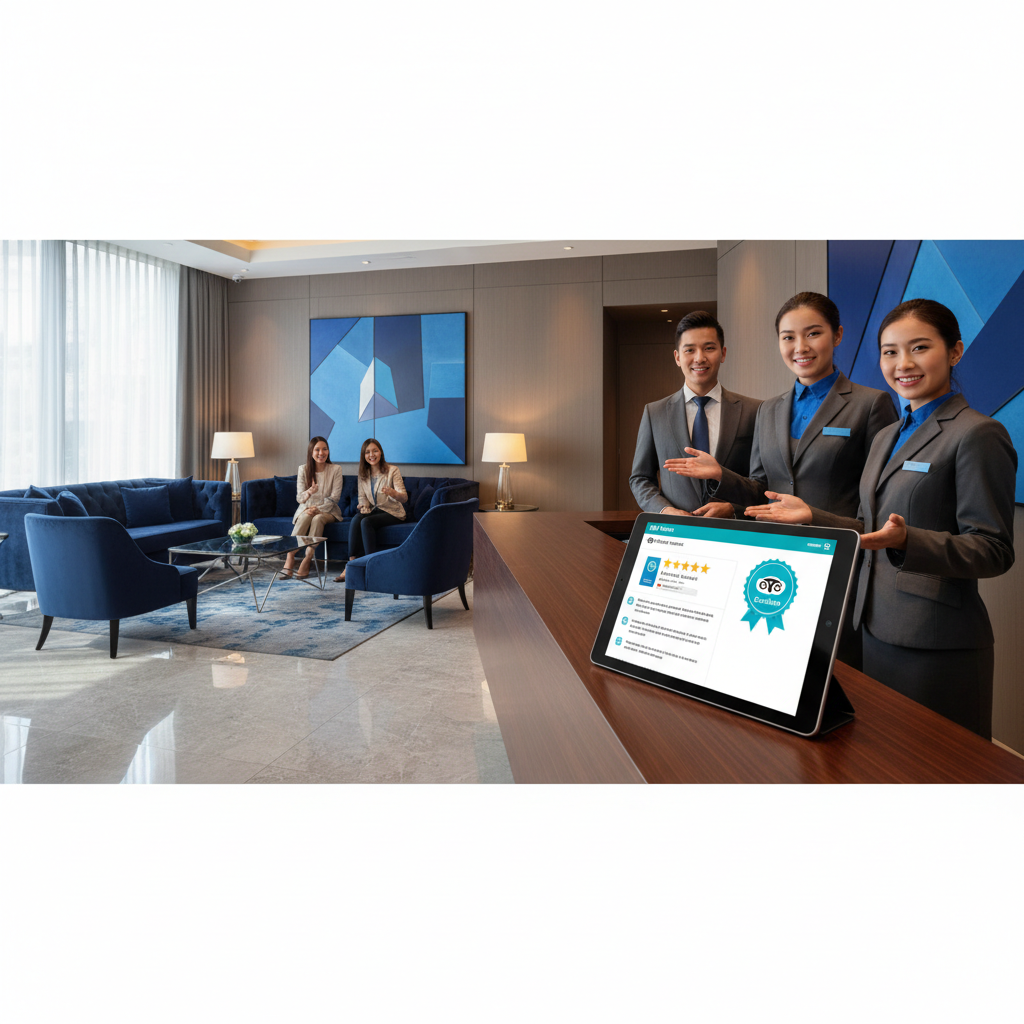 Hotel staff looking at positive and negative TripAdvisor reviews on a tablet, symbolizing effective review management in 2026.