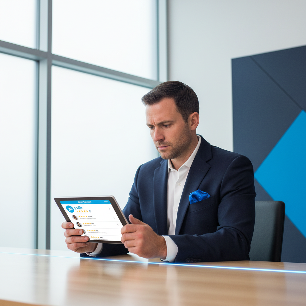 Business owner managing Yelp reviews on a tablet for Yelp review removal