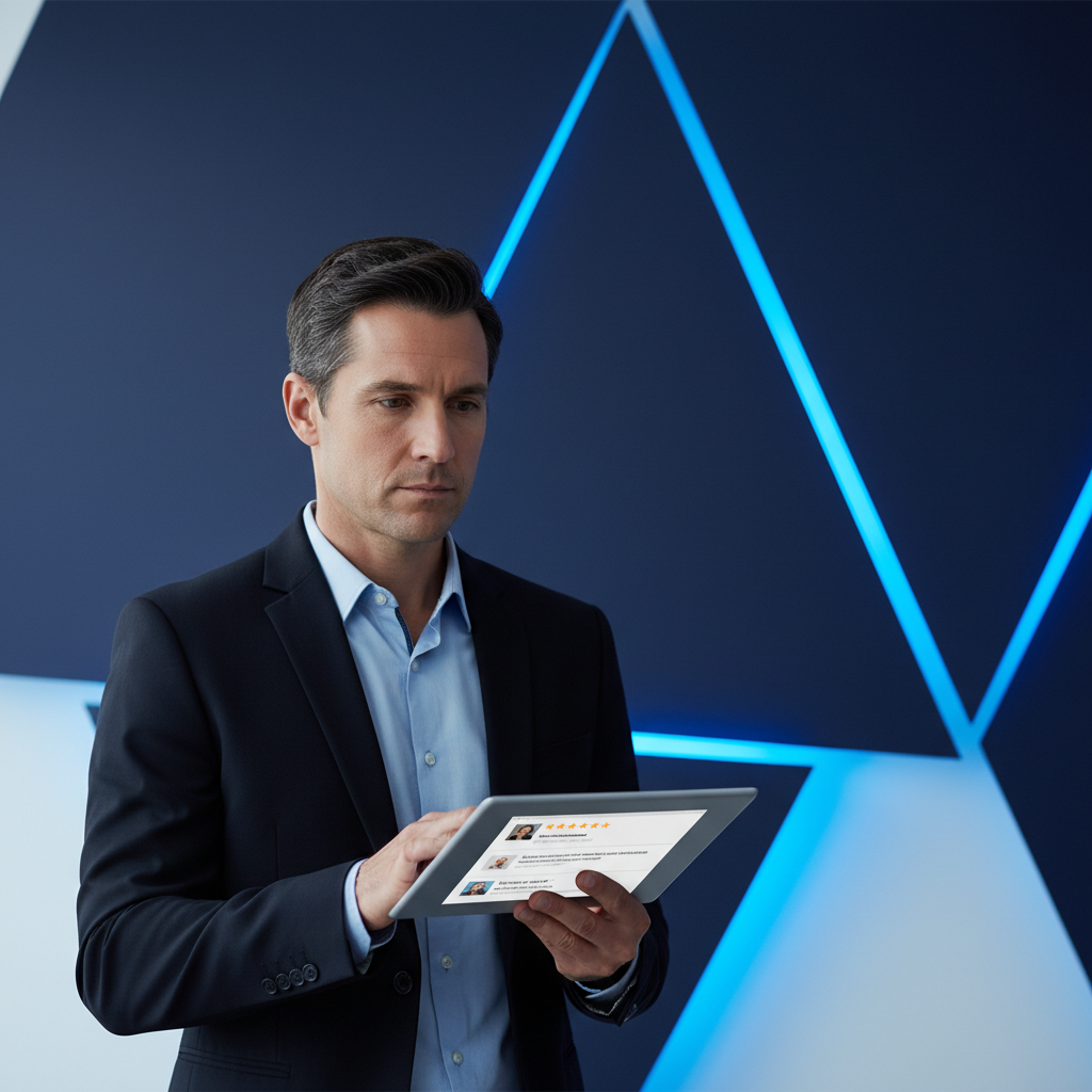Professional reviewing negative Yelp reviews on a tablet in 2026