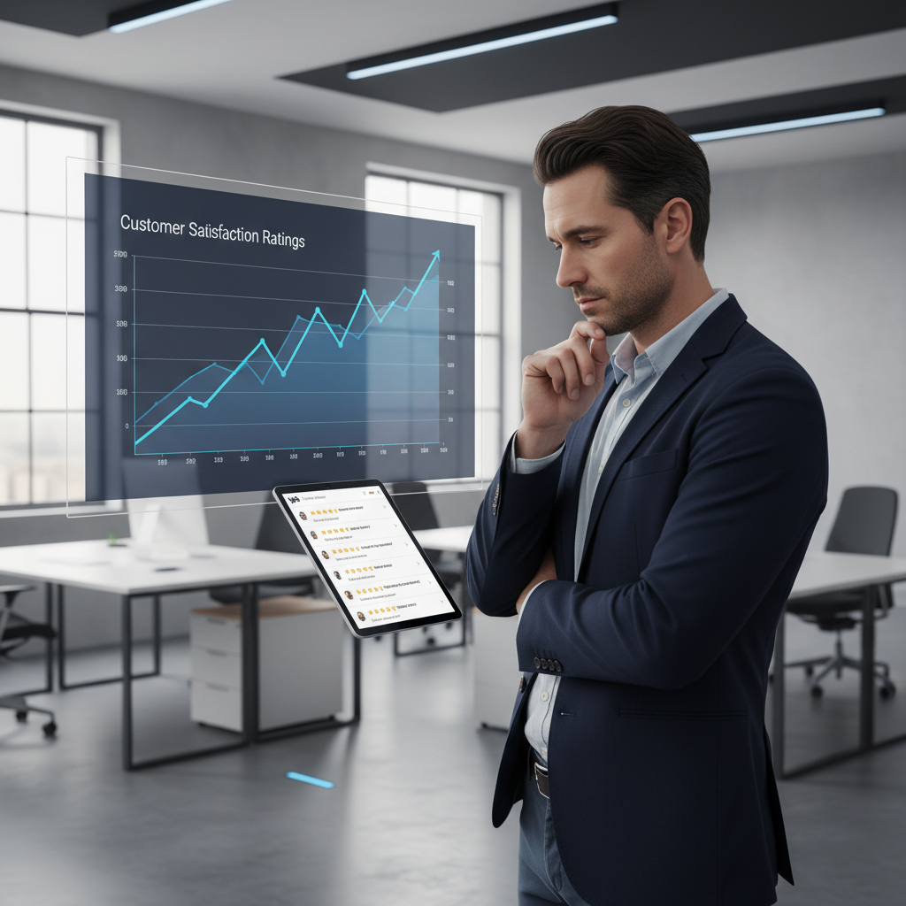 Professional analyzing negative Yelp reviews on a tablet in a modern office setting