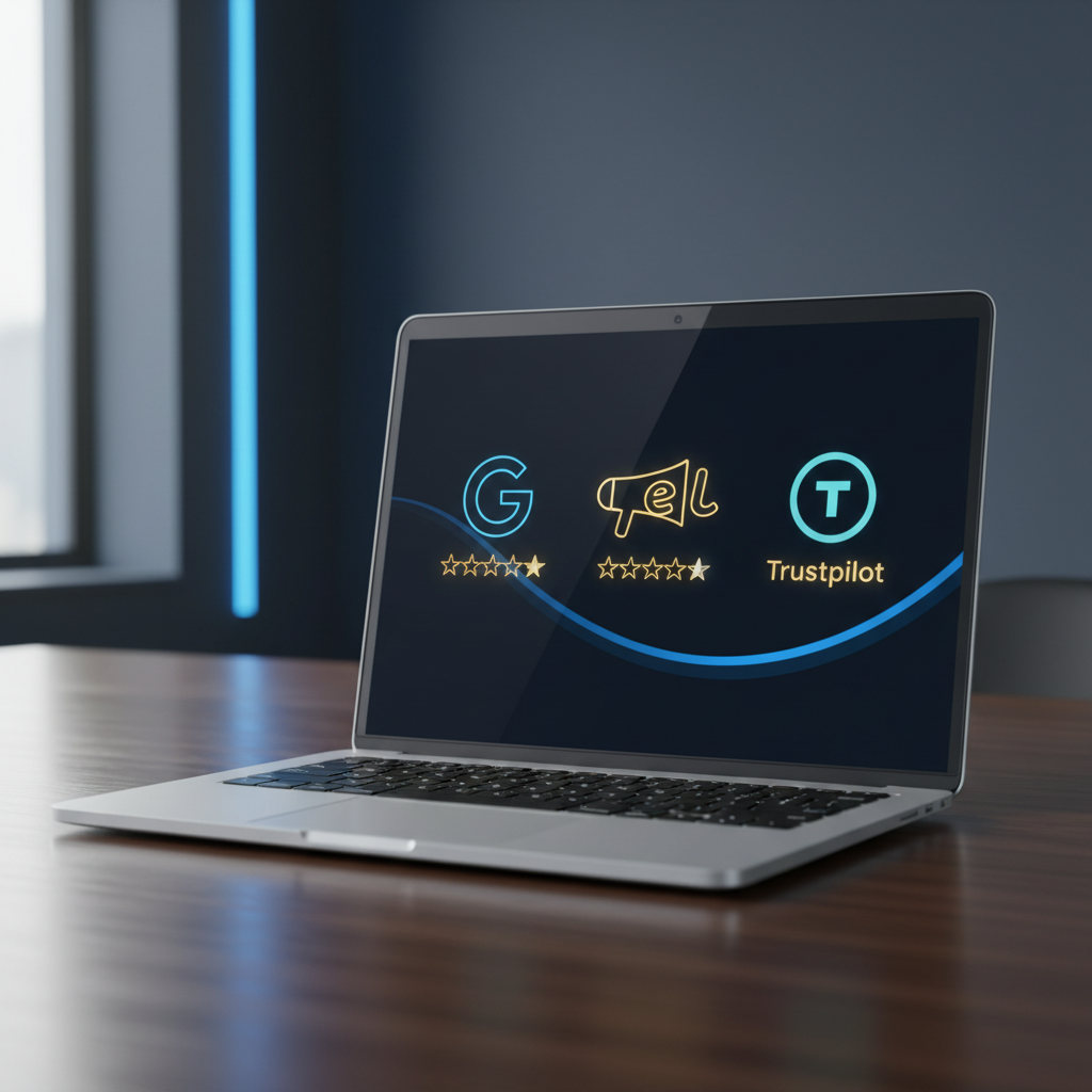 Laptop showing positive Google, Yelp, and Trustpilot reviews, symbolizing online review management in 2026