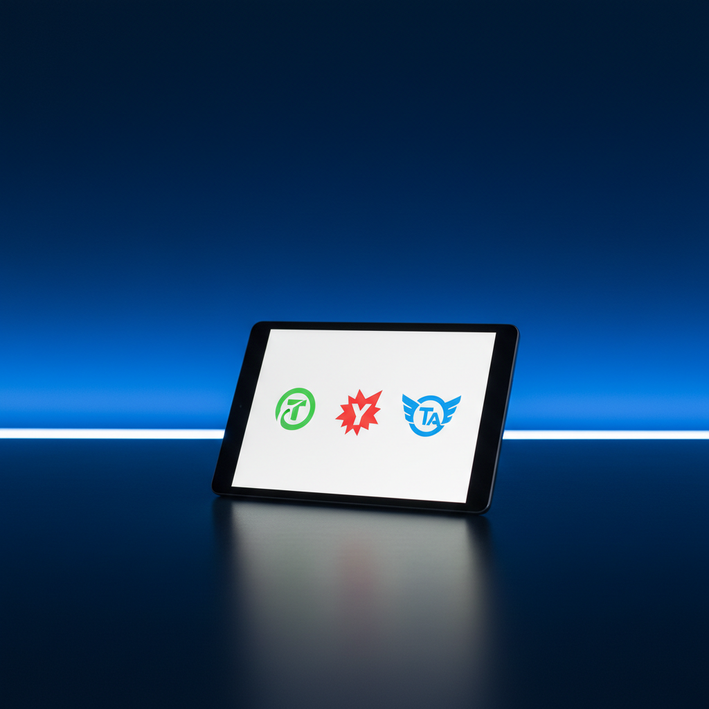 Tablet screen displaying Trustpilot, Yelp, and TripAdvisor logos for review management