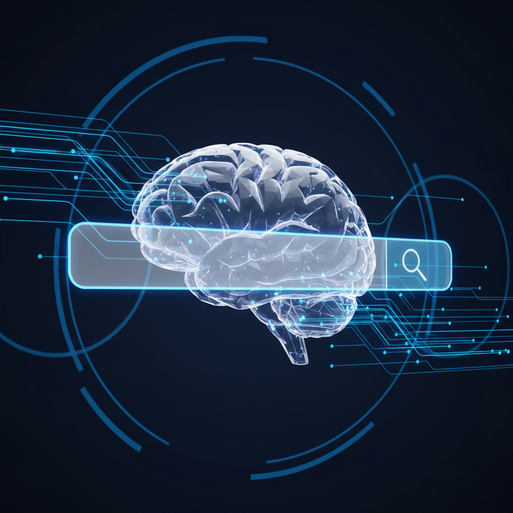 Misleading AI search results affecting brand reputation, depicted with a glowing brain over a search bar