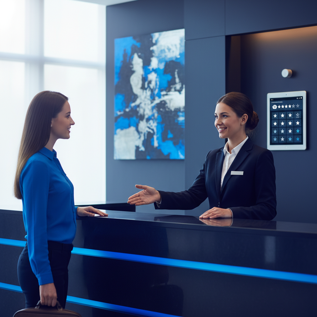 Professional manager assisting a guest, tablet showing TripAdvisor reviews, for mitigating negative TripAdvisor reviews in 2026
