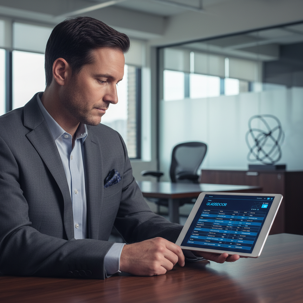 Professional reviewing negative Glassdoor reviews on a tablet in a modern office environment for reputation management.