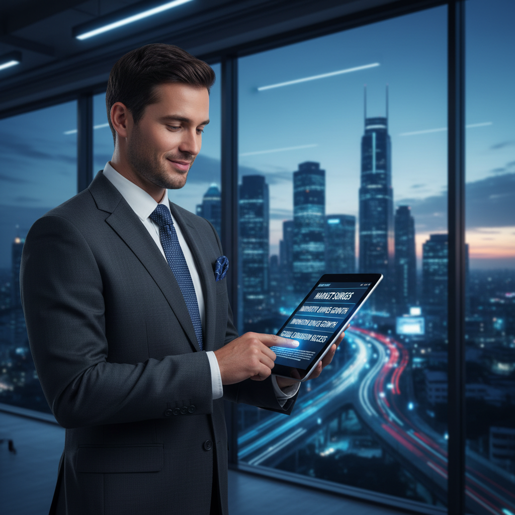 Executive confidently viewing positive news, representing effective negative news article suppression in 2026