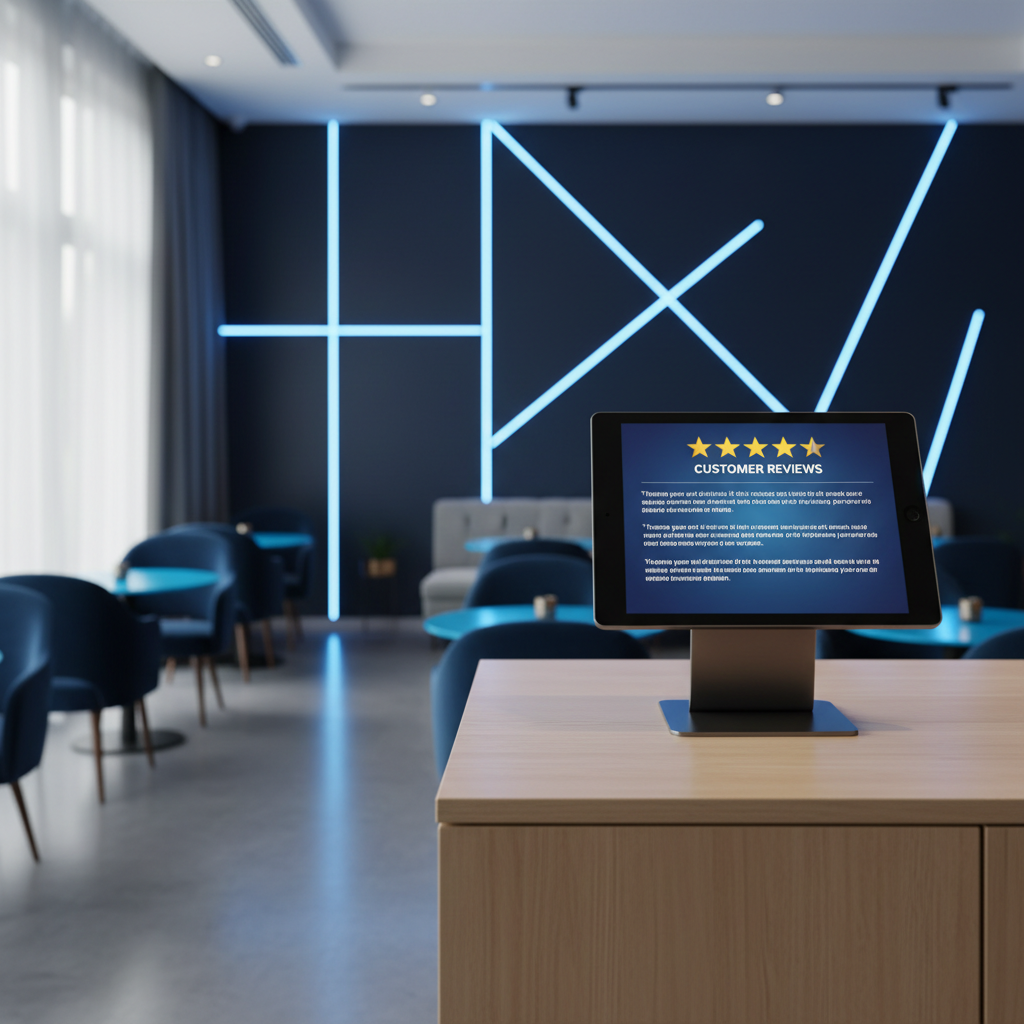 Online Reputation Management for Hospitality: A tablet displaying positive reviews in a modern hotel lobby