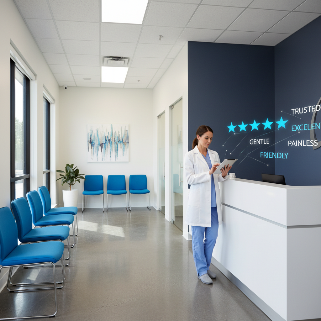 Online reputation management for dentists, showing a professional dental office and digital review stars.