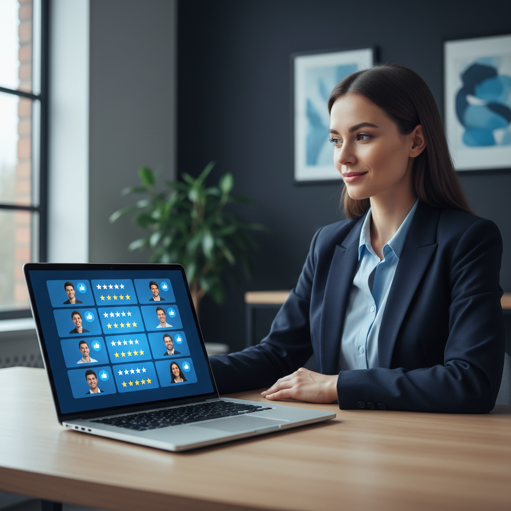 E-commerce professional managing online reputation and positive customer reviews on a laptop screen.