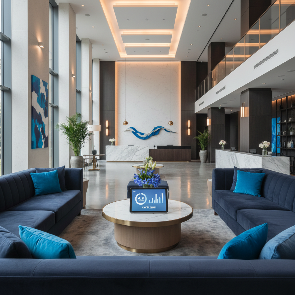Online reputation management strategies for hotels and restaurants in 2026, showcasing a hotel lobby and digital review interface.