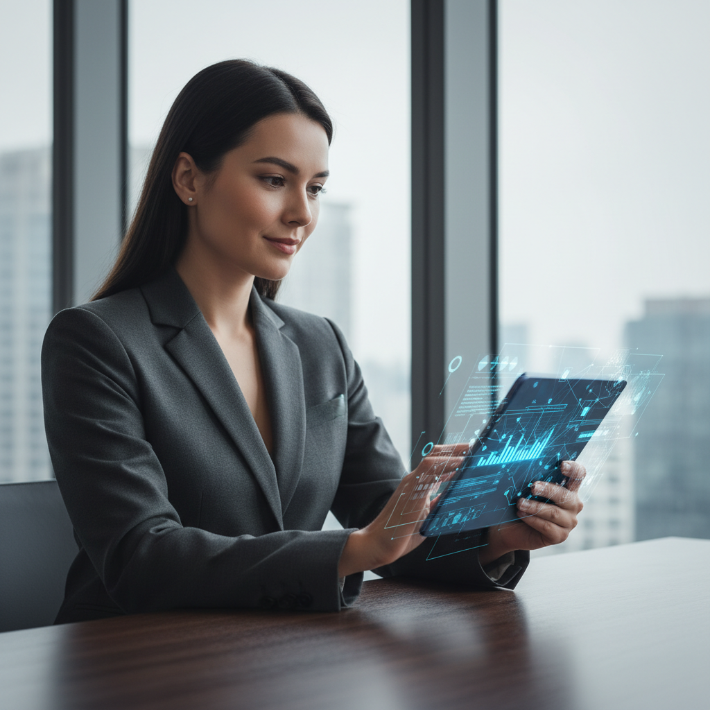 Professional executive managing online reputation with a digital interface, representing strategies for 2026