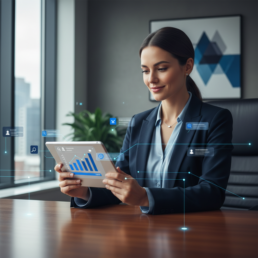 Recruiter managing online reputation, looking at positive reviews on a tablet in a professional office.