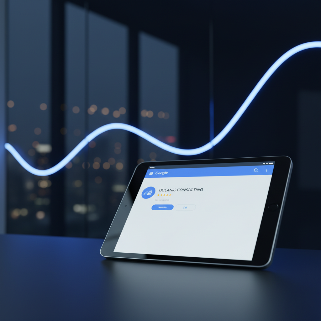 Optimized Google Business Profile on a tablet, illustrating local SEO strategies for businesses in 2026.