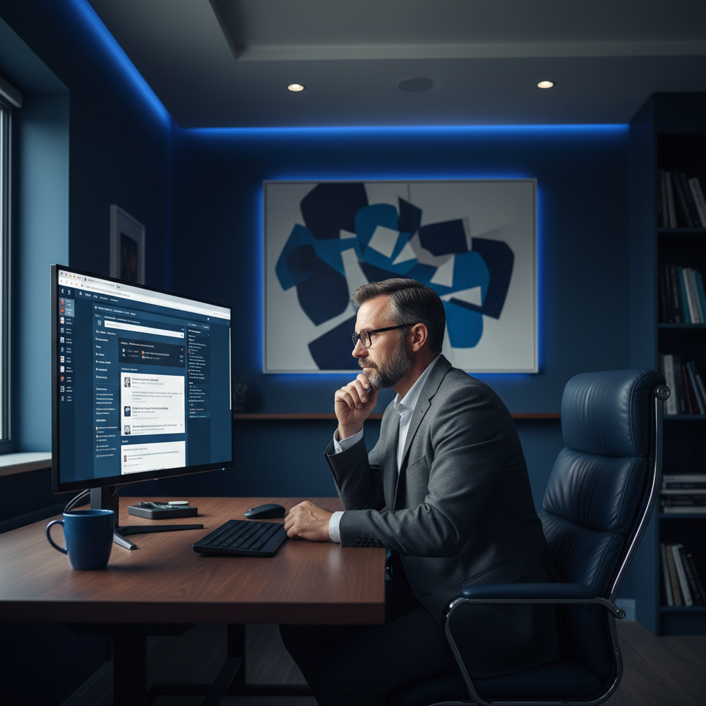 Private investigator analyzing online search results for reputation management