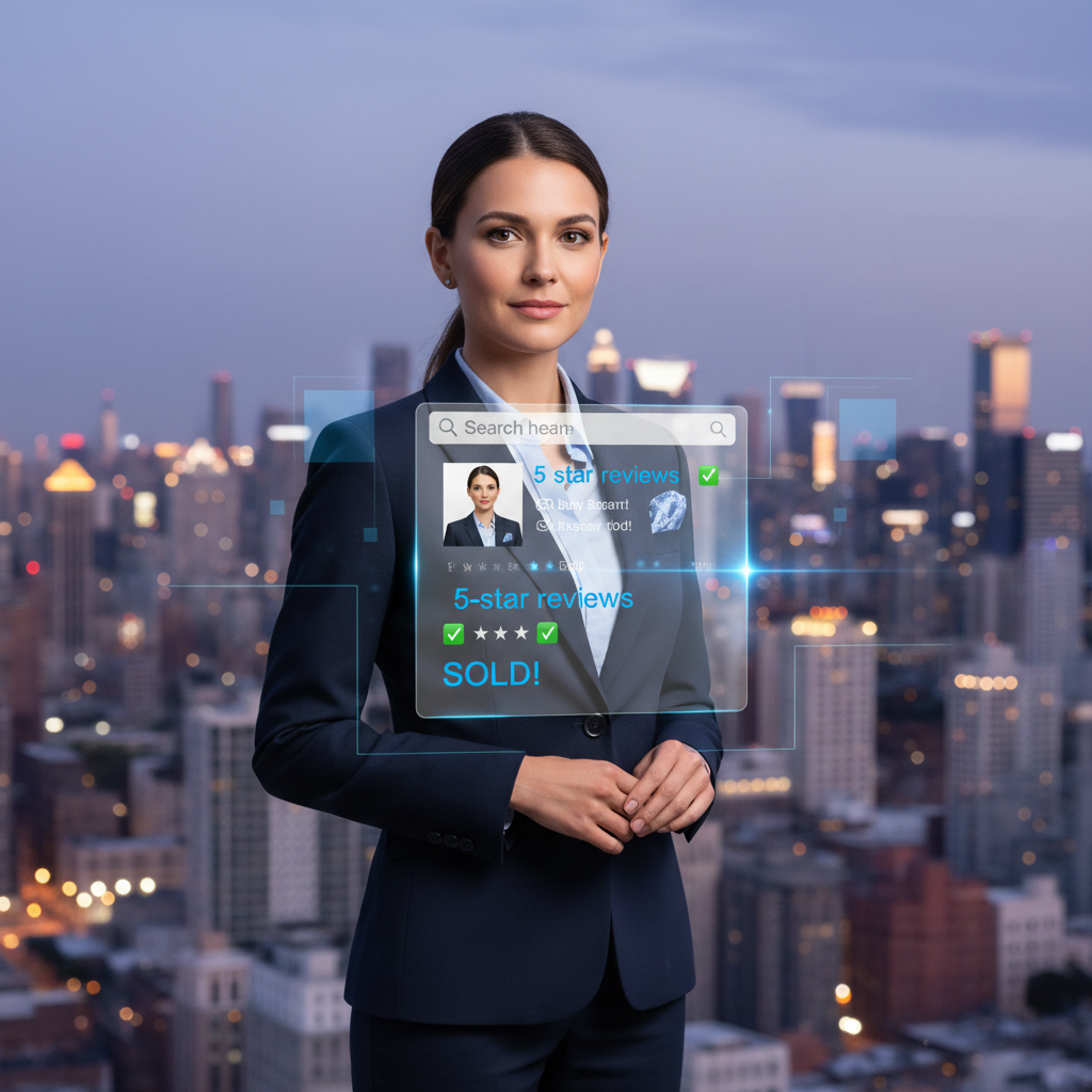 Real estate agent managing online reputation crisis, confident and professional