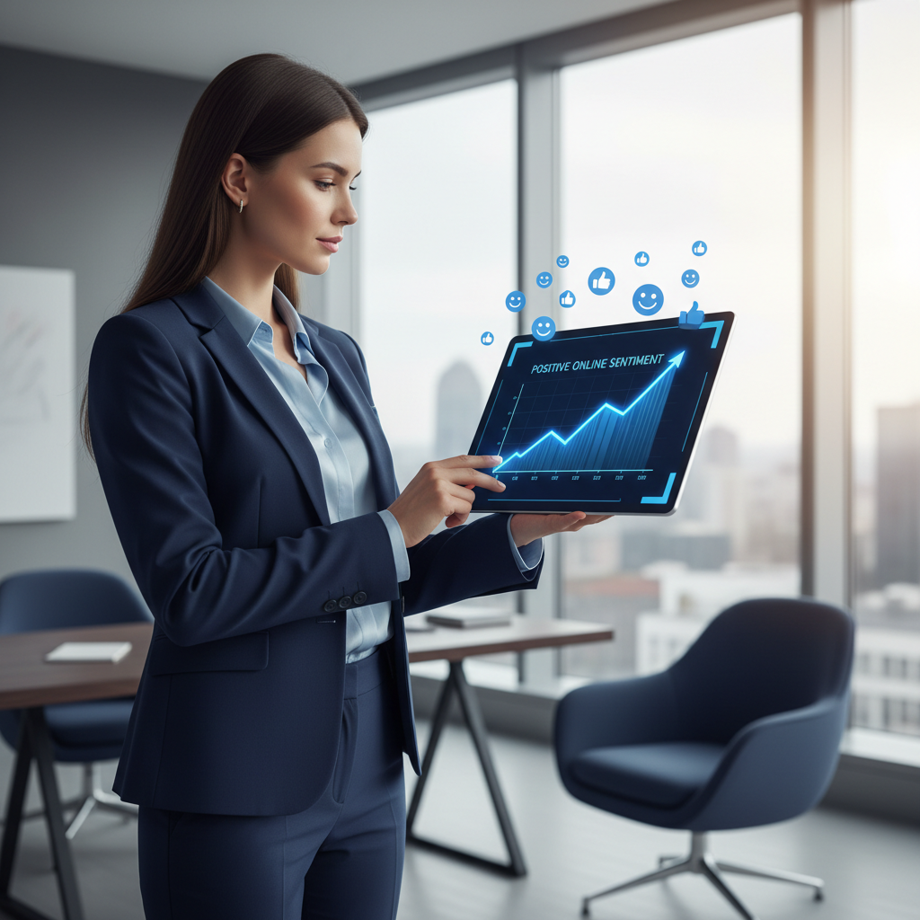 Professional real estate agent checking online reputation management analytics on a tablet