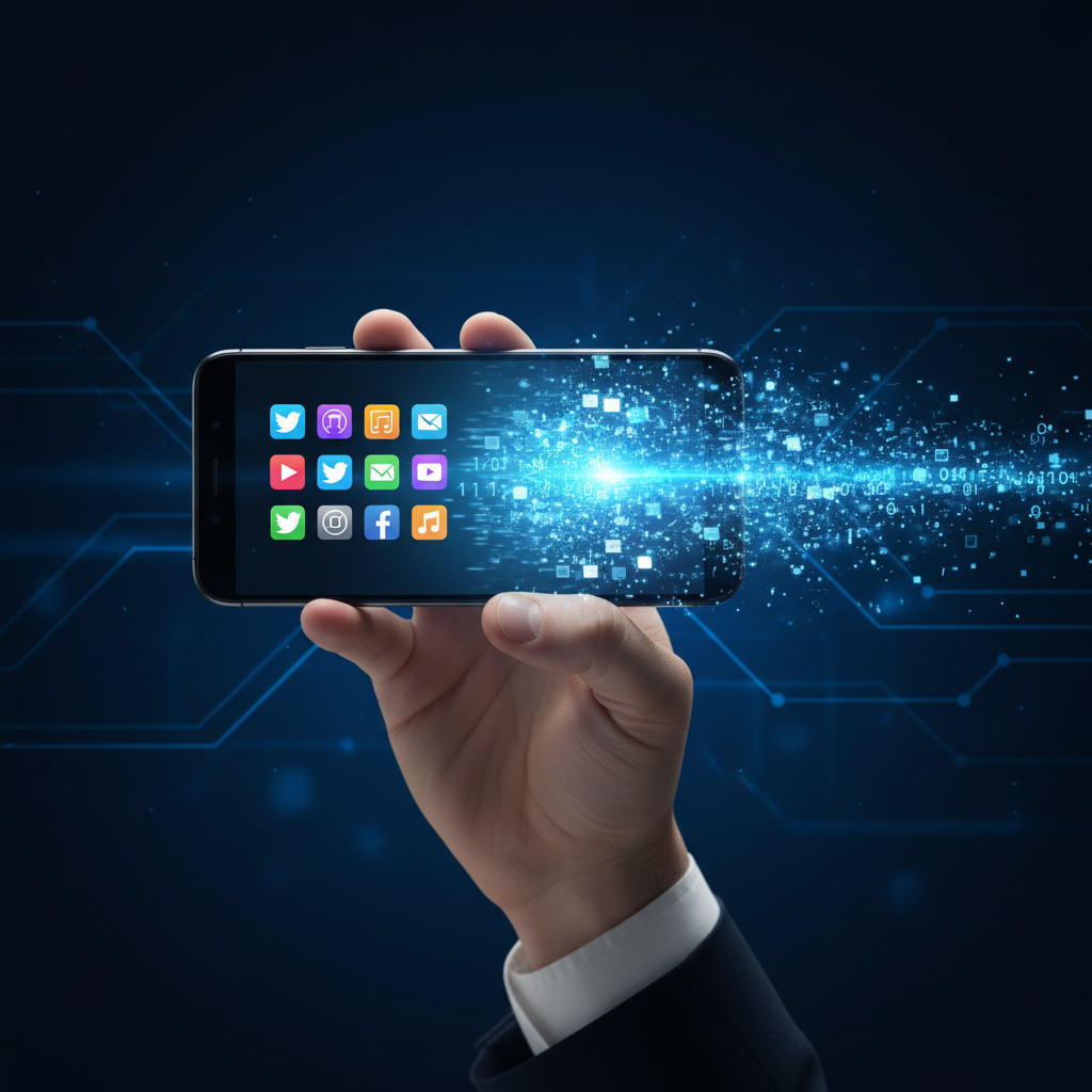 Smartphone with dissolving social media icons representing social media content removal
