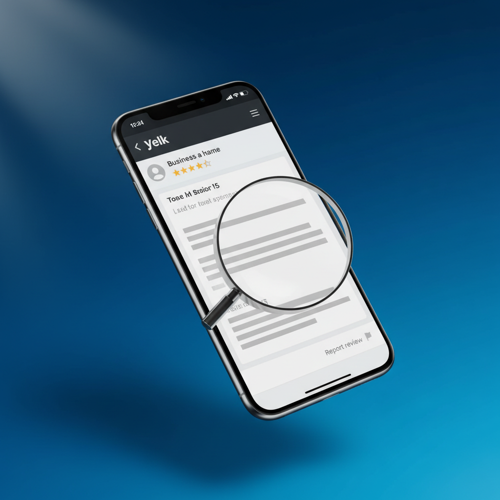Smartphone showing Yelp review page with focus on suppressing unfair Yelp reviews