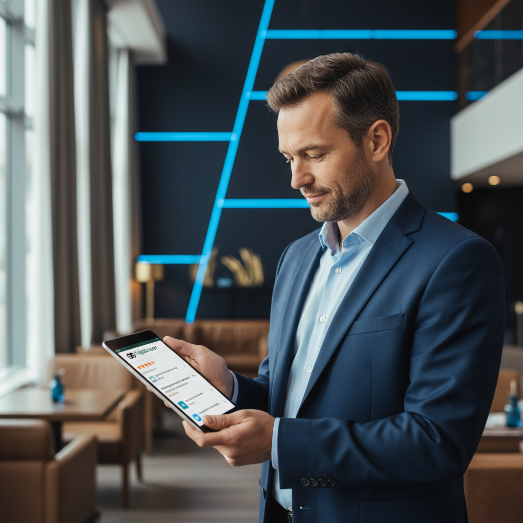 Professional reviewing TripAdvisor reviews on a tablet for potential removal