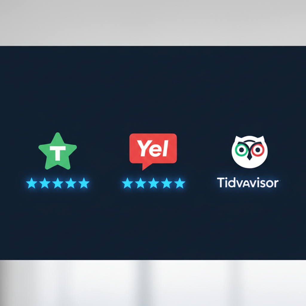 Online review platforms like Trustpilot, Yelp, and TripAdvisor on a screen, representing effective review management.