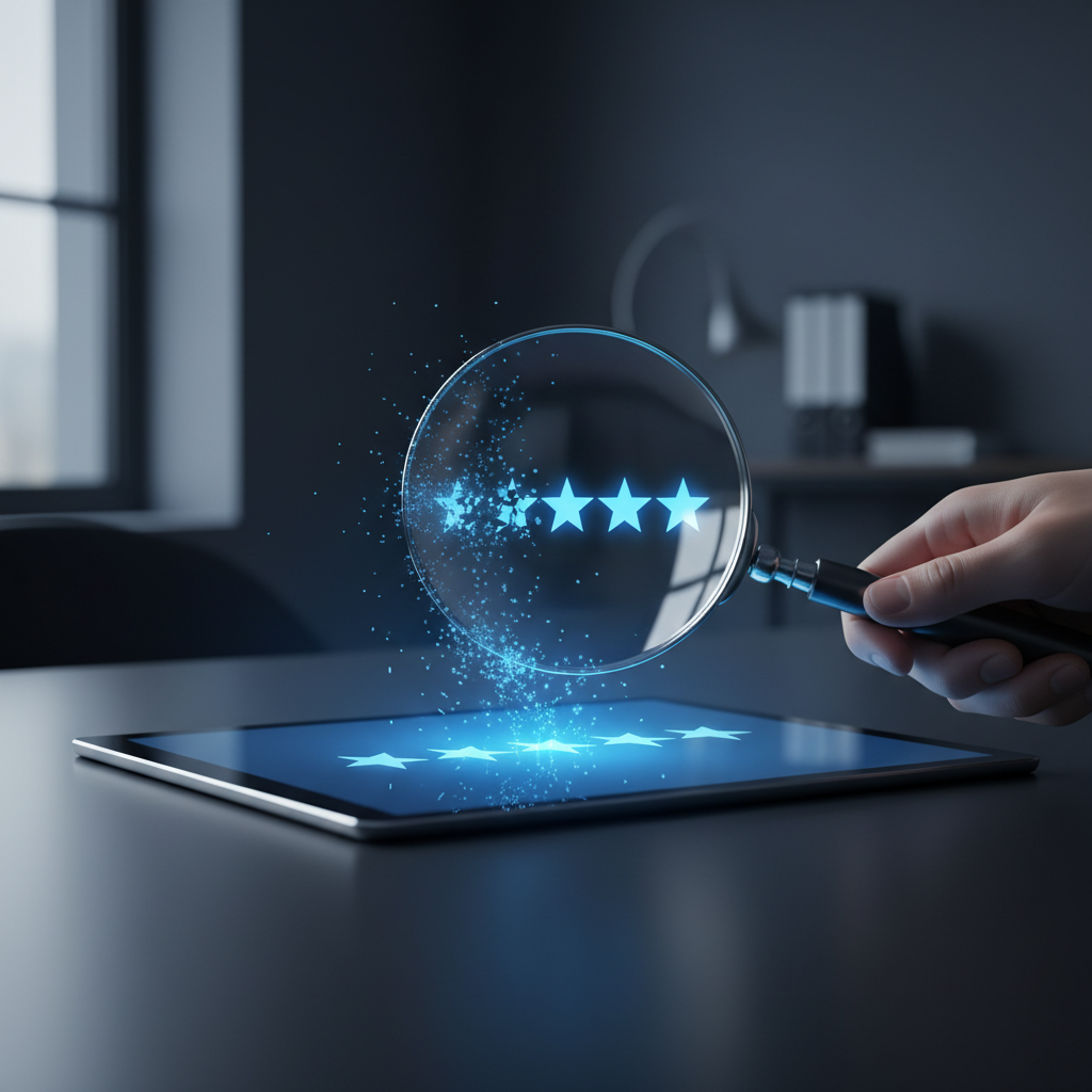 Magnifying glass over a disappearing Google review icon, representing investigation into why a Google review disappears.