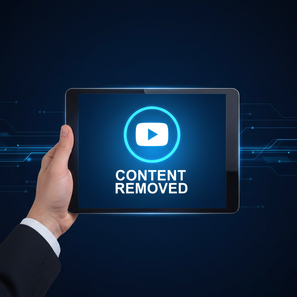YouTube video removal notification on a tablet screen, showing content has been successfully taken down